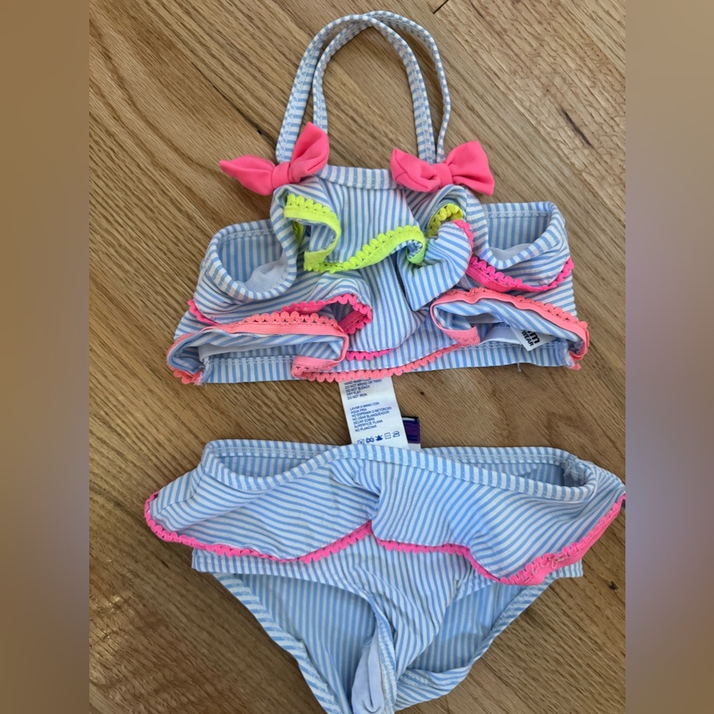 Blue Seersucker Baby Bikini with neon details 12m